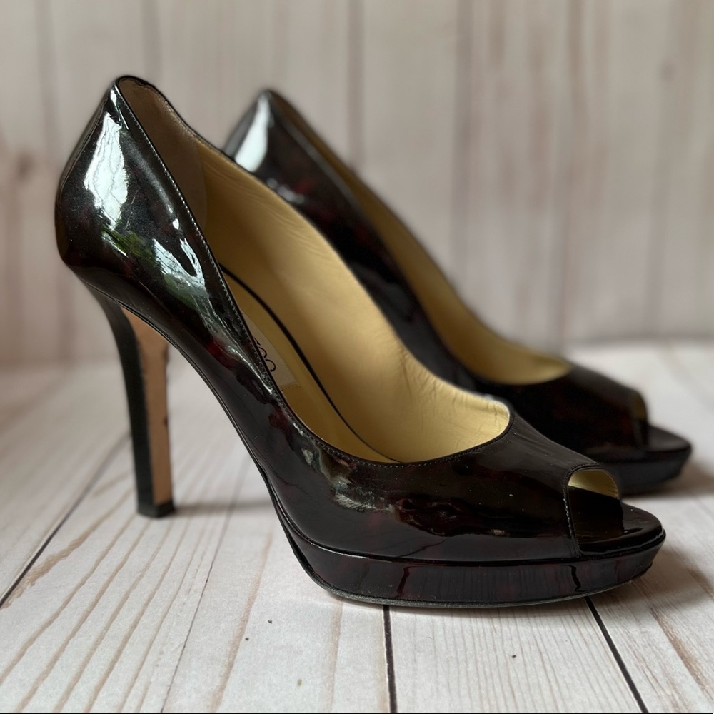 Authentic Jimmy Choo Patent Leather Open Peep Toe Platform Heels